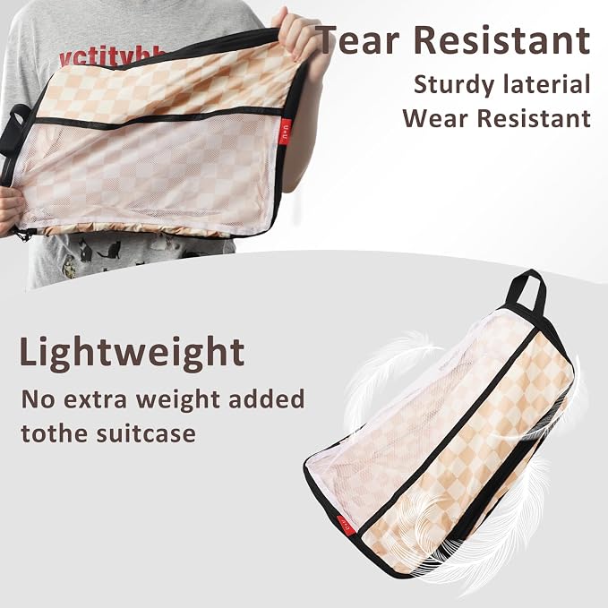 U+U 10 Set Compression Packing Cubes - Ultralight Travel Organizers with Laundry Bag and Cosmetic Bag, Space-Saving Suitcase Organizer for Travel, Business Trip and Family Vacation (Khaki Checkered) - Image 5