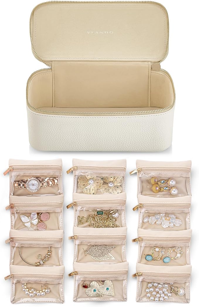 VLANDO Travel Jewelry Case,Jewelry Box with 12 Velvet Jewelry Pouch Jewelry Travel Organizer for Women Girl Jewelry Case Necklace Rings Earrings Bags Wedding Gifts (White) by VLANDO