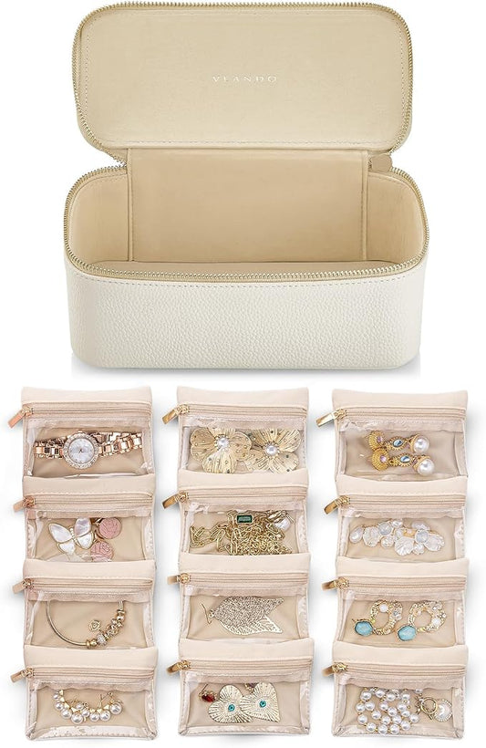 VLANDO Travel Jewelry Case,Jewelry Box with 12 Velvet Jewelry Pouch Jewelry Travel Organizer for Women Girl Jewelry Case Necklace Rings Earrings Bags Wedding Gifts (White) by VLANDO