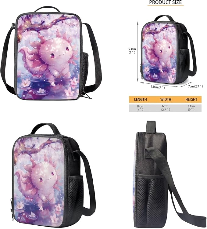 Cherry Blossom Axolotl Backpack for Girls Kids Backpack with Lunch Box Water Bottle Pouch and Kawaii Pencil Case 4PCS Set Cute Bookbag with Compartments 17" School Bag for Elementary Girls - Image 5