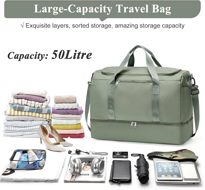 Large Travel Duffle Bag,Carry on Overnight Weekend Bag with Shoes Compartment,Weekender Bags for Women for Travel Business Trips Sport Hospital,Olive Green - Image 3