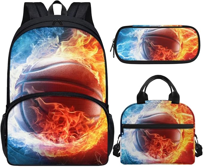 Basketball Boys Bookbag 10-12 Years Old Ice and Fire High School Backpack with Lunch Box and Pencil Bag Set 3-in-1 Large School Bags for Teens by Vanideaoty