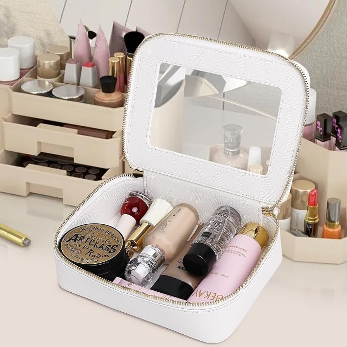 Pinkmik Clear Makeup Bag for Women Waterproof Travel Cosmetics and Toiletries Case Portable Makeup Oaganizer Bag Clear Car Bag with Zipper (White, M) - Image 4