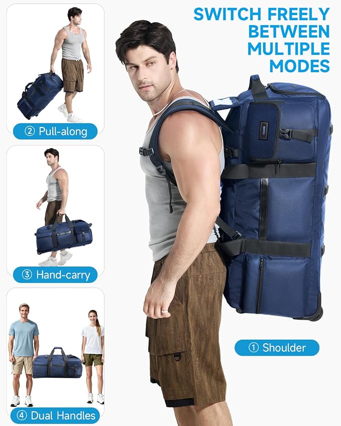 Foldable 90L Rolling Duffle Bag with Wheels | Large Travel Duffle Bag with Shoes Compartment Waterproof Bag for Gym, Weekend & Overnight Trips | Includes 3 Packing Cubes - Image 4