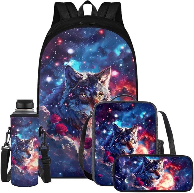 Galaxy Wolf Backpack for Girls Kids Backpack with Lunch Box Water Bottle Carrier and Aesthetic Pencil Case 4PCS Set Bookbag with Compartments for School 17 inch Large Capacity School Bag by ELEDIZI