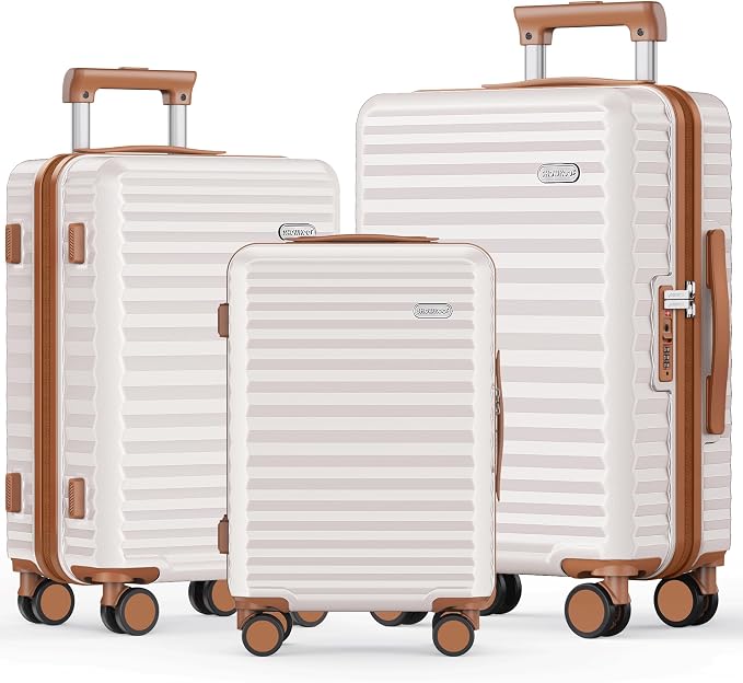 SHOWKOO Luggage Sets 3 Piece Hardside Expandable Suitcase with Double Spinner Wheels Tsa Lock Beige White (20in/24in/28) by SHOWKOO