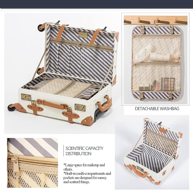 COTRUNKAGE Vintage Checked Luggage Sets 2 Piece TSA Lock Suitcase for Women with 16" Suitcase Case, Pearl White - Image 5