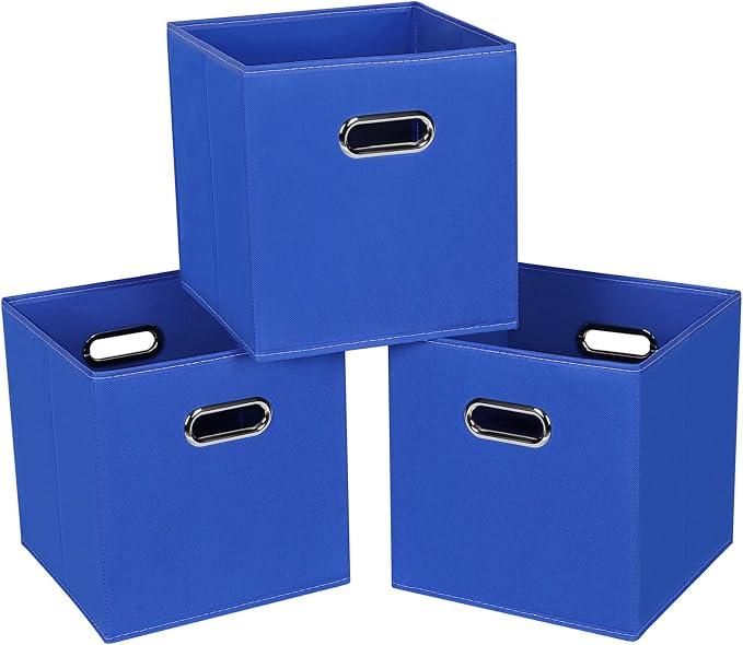 Fabric Cloth Storage Bins,Fabric Cube Bins Organizer with Dual Handles Foldable Cube Storage Baskets for Home Bedroom Storage,Set of 3,(Dark Blue) by SEVENDOME