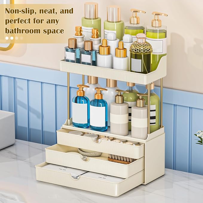 caktraie Bathroom Organizers and Storage - 3 Drawers 2 Tier Makeup Organizer, Cosmetic Storage Drawer for Dresser Countertop and Bathroom Vanity for Large Skincare, Perfume, Cream White - Image 7