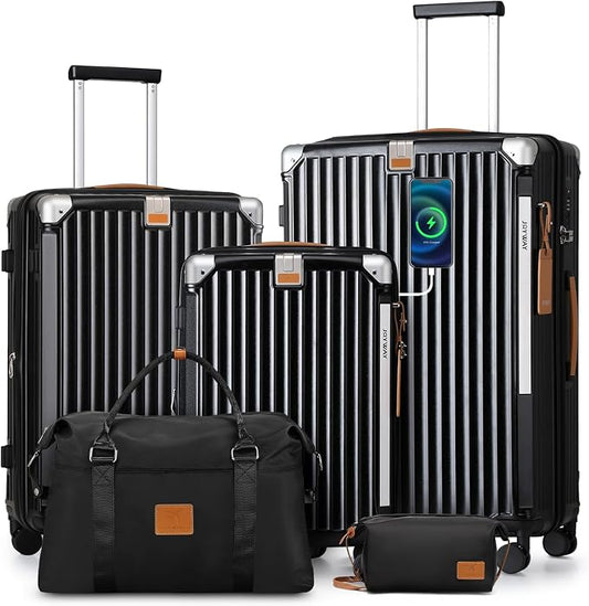 Joyway 5 Piece Luggage Set with Cup Holder, Expandable 25% Capacity, Includes Handbag, Anti Slip Wheels, Hook, Smart Carry On Suitcase for Men and Women, Spinner Travel Black by Joyway