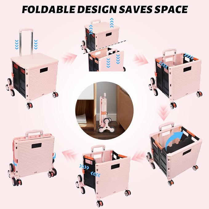 FELICON SELORSS Folding Utility Climber Cart Portable Rolling Crate-Pink | Stair Climbing Wheels+360°Swivel Wheels,Telescoping Handle,Plastic Box Dolly for Travel Shop Move Laundry Office Teacher Use - Image 4
