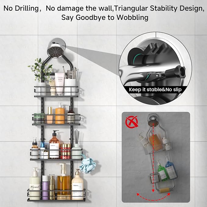 4 Tier Shower Caddy Hanging, Adjustable Shower Overhead Caddy Rustproof, No Drilling Standing Shower Caddy Handing Shower Racks for Bathroom Shampoo Soap Storage - Image 4