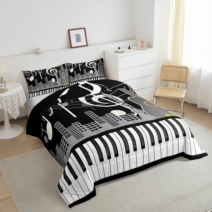 Erosebridal Paino Keys Bedding Set King Size Musical Notes Comforter Set Guitar Rock Music Bedding Comforter for Kids Boys Teens Men Retro Black White Grey Down Comforter Bedroom Decor 3 Piece - Image 3