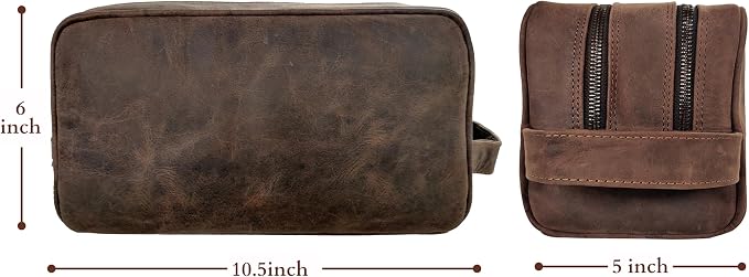 RUSTIC TOWN Full Grain Leather Travel Toiletry Bag - Cosmetic Ditty Kit Organizer (Dark Brown) - Image 3