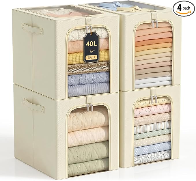 GoMaihe Clothes Storage Bins with Metal Frame, 40L Sweater Storage Boxes for Above Shelf Closet, 4 Pack Stackable Clothing Storage Organizer with Clear Window for Jeans Hoodies T-shirt – Beige by GoMaihe