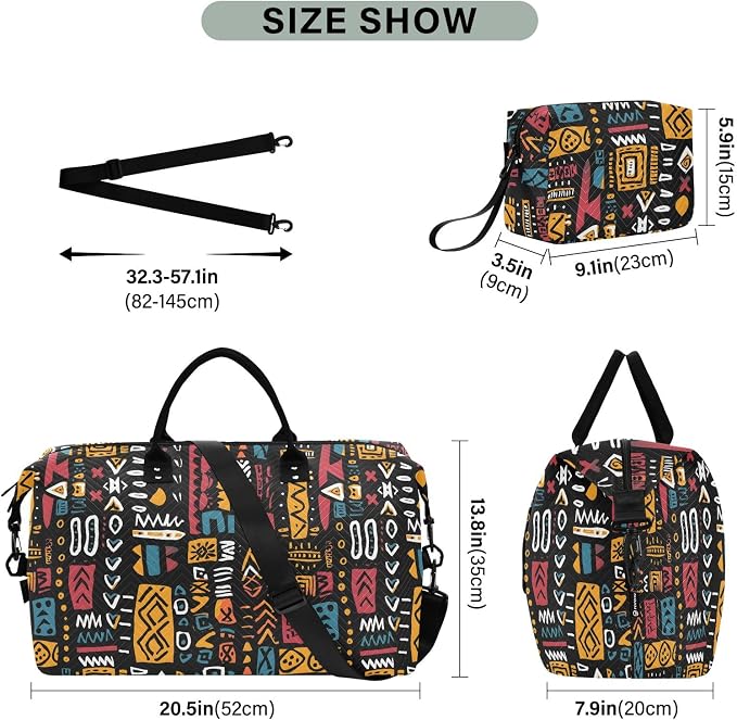 Weekender Bags Travel Duffel Gym Bag Carry on Overnight Tote Bag with Toiletry Bag for Airplane Travel Trip Gym Yoga (African Geometric Print) - Image 3