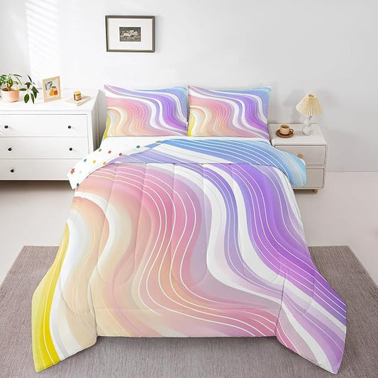 Erosebridal Kids Rainbow Comforter Set Watercolor Fluid Print Duvet Sets King Size, Girls Rainbow Stripe Bright Bedding Set Pink Blue Pastel Bedding Comforters 3 Pieces with 2 Pillow Cases by Erosebridal