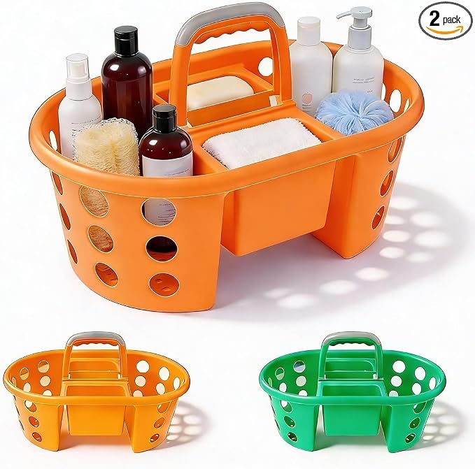 SIMPLYKLEEN Large Shower Caddy Portable 2PC - Made in USA Plastic Jumbo Size Dorm Storage Candy Tote with Handle Shower Organizer for Bathroom, Pantry, Kitchen, College Dorm, Green/Orange by SIMPLYKLEEN