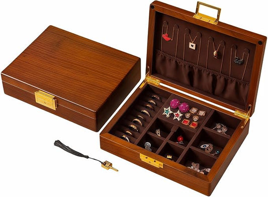Solid Black Walnut Jewelry Box with Lock and Key Large Capacity Vintage Wooden Organizer for Women and Men Ring Necklace Earring Cufflink Storage Removable Dividers Gift for Christmas by LIBOLXSP