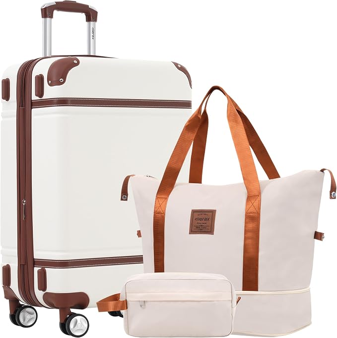 Merax Luggage Set,28 IN Hardside Suitcase with Duffel Bags,3 Piece Expandable Luggage with Spinner Wheels, Vintage Luggage with TSA Lock Lightweight,(White) by Merax