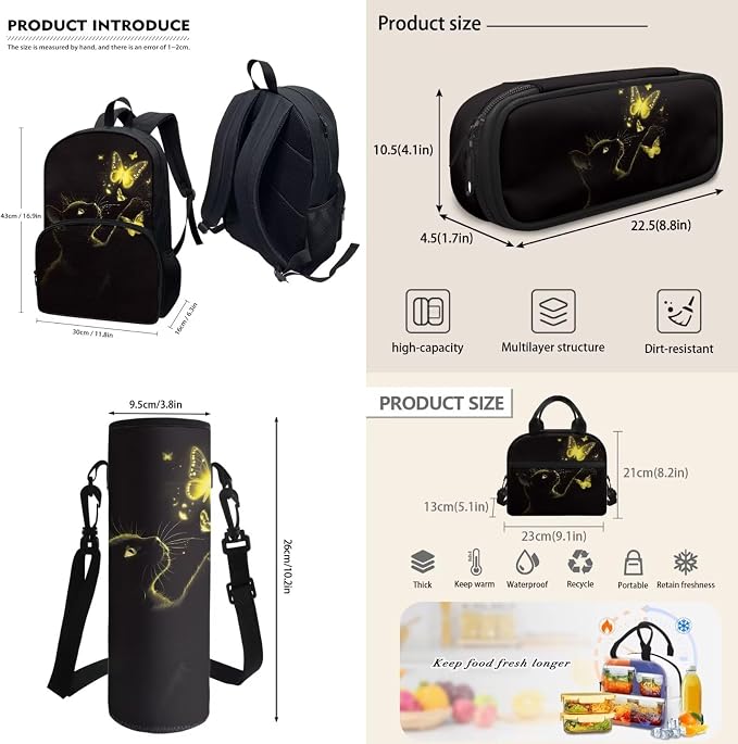 Black Cat Yellow Bling Butterfly Student Backpack Set 4 In 1 School Bag Laptop Backpacks Lunch Bag Pencil Holder Pouch Bag Daypack for Preschool Kindergarten Elementary Middle School - Image 3