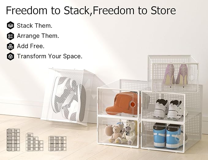 Kuject XX-Large Shoe Storage Boxes Organizers Clear Plastic Stackable 12 Pack, Shoe Rack & Holder Substitute, Sneaker Containers, Shoe Storage Organizer Bins for Closet, Under Bed,White(No Fold Line) - Image 7