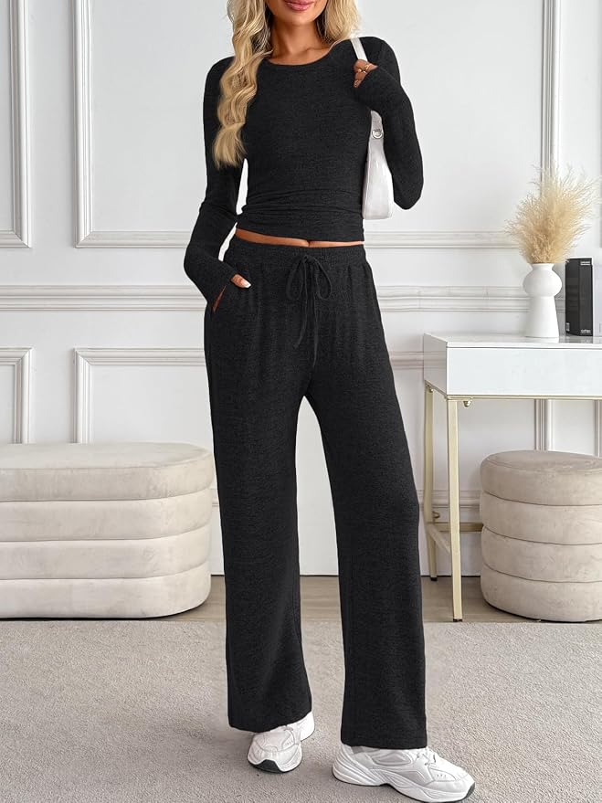 LILLUSORY Womens 2 Piece Matching Lounge Sets 2026 Fall Fashion Outfits | Long Sleeve Top & Drawstring Wide Leg Pants with Pockets, Workout Gym Comfort Sweat Suit, Travel Airport Vacation Clothing - Image 2