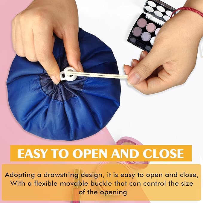 INVODA Drawstring Makeup Bag for Women Cosmetic Bag Large Travel Make up Bags Portable Barrel Toiletry Bag Toiletries Pouch Travel Cosmetic Organizer (Navy Blue) - Image 7