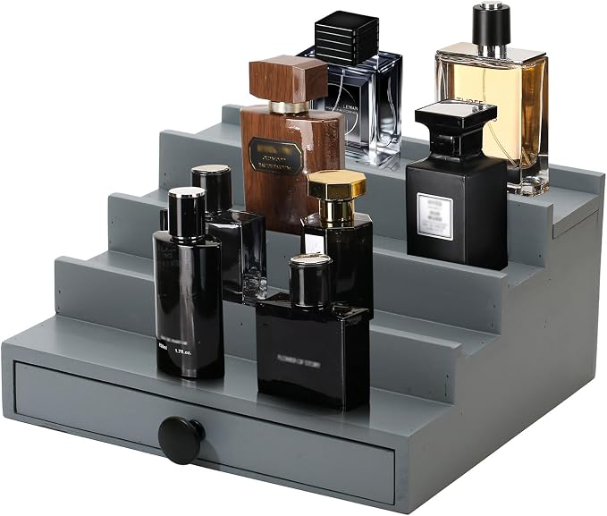 4 Tier Men's Cologne Organizer, Gray Wooden Display Stand with Drawer | Tiered Cologne Display Shelf, Rack and Tray, Drawer Storage, Countertop Dresser Organizer, Mens Room Decor, Gift for Men by FENGLIGOO
