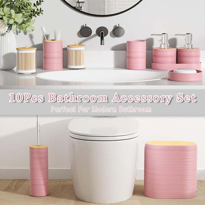 XLHOMO Pink Bathroom Set - 10PC Bathroom Accessories Set, Luxury Bathroom Accessory Set with Trash Can,Toilet Brush & 2 PC Soap Dispensers for Apartment Decor and Housewarming - Image 5