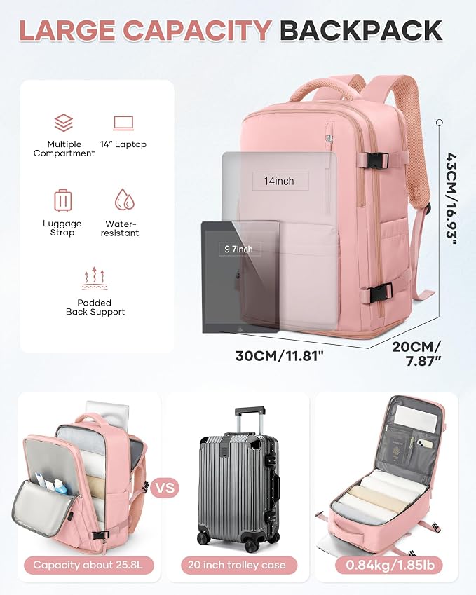 WONHOX Large Travel Backpack Women, Carry On Backpack,Hiking Backpack Waterproof Outdoor Sports Rucksack Casual Daypack with Shoes Compartment, Pink - Image 5
