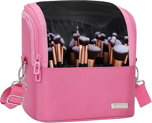 TANTO Makeup Brush Case Stand-up Makeup Cup Makeup Brush Holder Travel Professional Cosmetic Bag Artist Storage Bag Large Makeup Bag with Adjustable Divide (Rose Pink, 1-Large) by TANTO