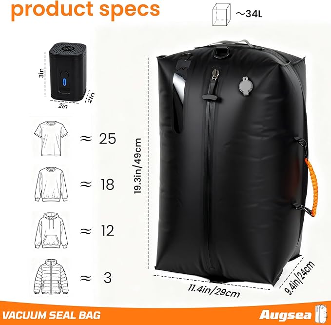 34L Vacuum Seal Bags for Clothing Travel - IP67waterproof & Reusable, Electric Pump Included, Travel Vacuum Bags with Pump,Compression Storage Bags for Luggage/Backpack Packing (1PC) - Image 3