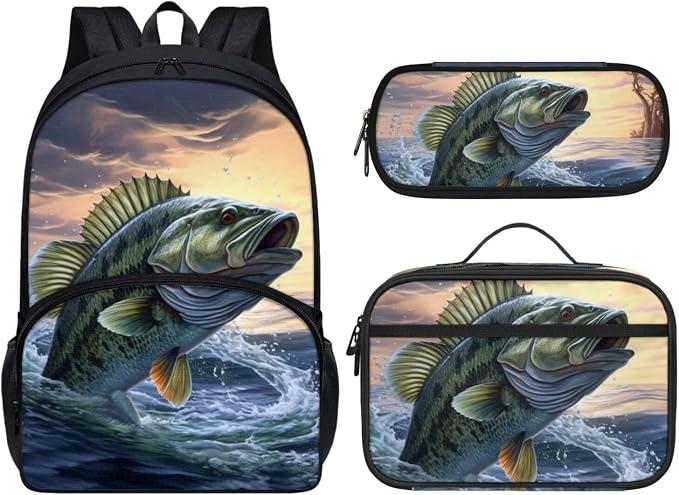 Bass Fish Backpack with Lunch Box and Pencil Case 3Pcs Backpacks Set Lightweight Casual Daypack for Boys Girls 17 inch Kids School Bag, Rucksack by Dremagia