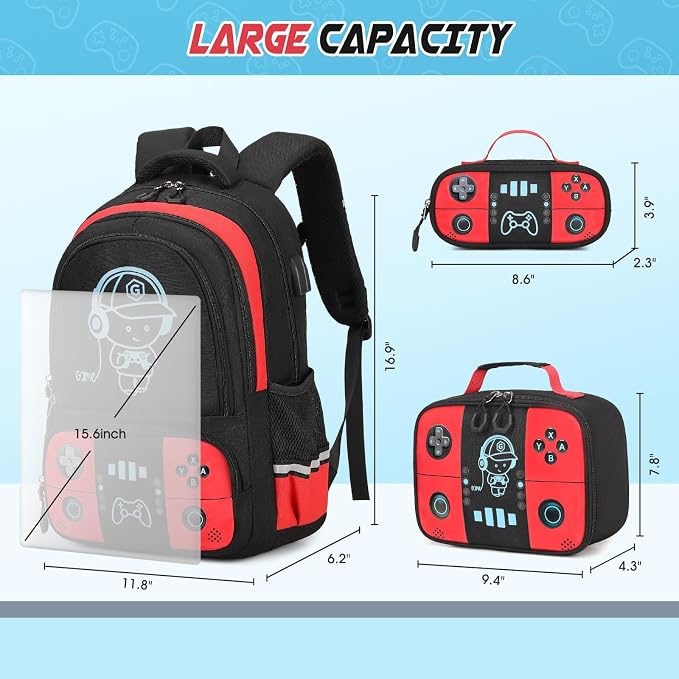 Bevalsa Backpack for School Boys, Cool Luminous Gamer Boys Schoolbag with Lunch Box & Pencil Case Set for Kids Teens Elementary Middle School, Bookbag Glow In The Dark(Red Backpack) - Image 3