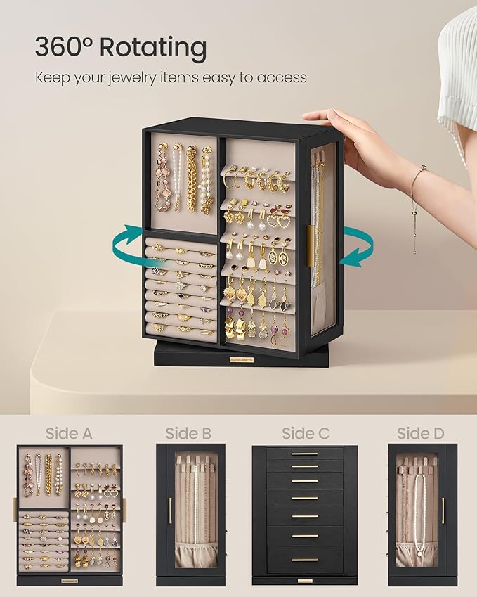 SONGMICS GISELLA Collection - Jewelry Box 360° Rotating, Jewelry Storage Case with 7 Drawers, Jewelry Organizer, Glass Window, Open Design, Great Gift, Ink Black UJBC201B01 - Image 3