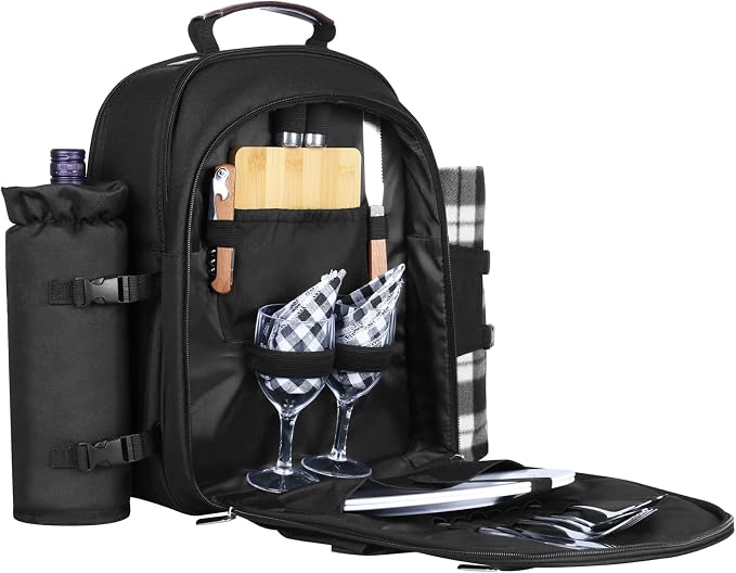 Sunflora Insulated Picnic Backpack for 2 Person Bag with Cooler Compartment, Wine Pouch, Blanket and Stainless Steel Cutlery Set for Couple, Lovers and Friends (Black) - Image 2