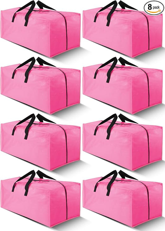 Cosy Family 8 Pack Heavy Duty Extra Large Moving Bags with Backpack Straps - Strong Handles & Zippers, Storage Totes For Space Saving, Fold Flat, Alternative to Moving Box (40 gal, Pink) by Cosy+Family