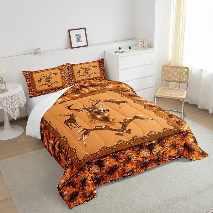 Erosebridal Hunting Animal Comforter Set for Kids Boys Girls Rustic Deer Elk Moose Bedding Set Twin Vintage Orange Jungle Quilt Farmhouse Down Comforter with 1 Pillow Sham Cabin Lodge Decor - Image 5