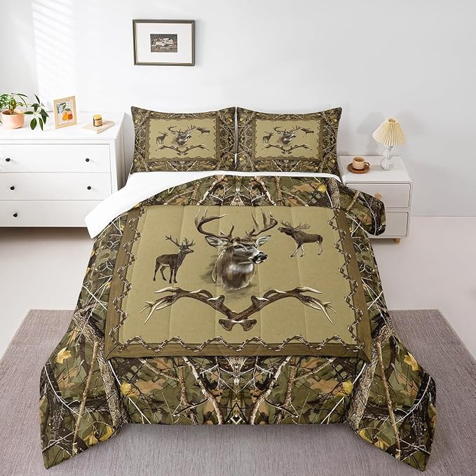 Erosebridal Vintage Deer Comforter Set Full Size Jungle Trees Bedding Set for Teens Youth Western Antler Quilt Farmhouse Animal Patchwork Down Comforter with 2 Pillow Shams Lightweight by Erosebridal