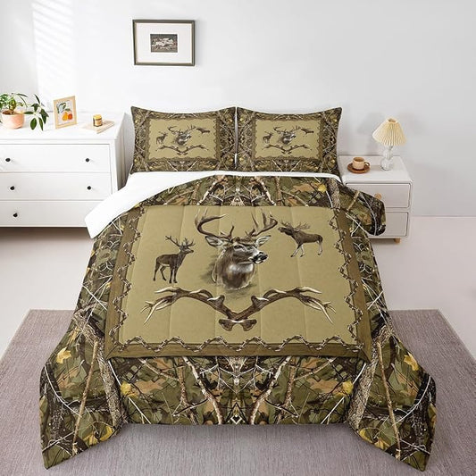Erosebridal Vintage Deer Comforter Set Full Size Jungle Trees Bedding Set for Teens Youth Western Antler Quilt Farmhouse Animal Patchwork Down Comforter with 2 Pillow Shams Lightweight by Erosebridal