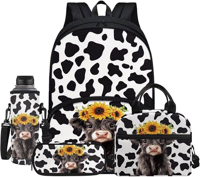 4PCS Black Highland Cattle Sunflower Cow Print School Backpack Set Travel Bookbags Purses Lunch Box Stationery Pouch Bag Holder Protective Water Bottle Cup Cover for Back to School by Jndtueit