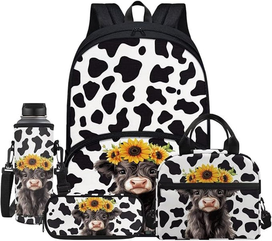 4PCS Black Highland Cattle Sunflower Cow Print School Backpack Set Travel Bookbags Purses Lunch Box Stationery Pouch Bag Holder Protective Water Bottle Cup Cover for Back to School by Jndtueit