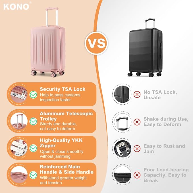 Kono Carry On Luggage 22x14x9 Airline Approved 20 Inch Expandable Suitcase | Lightweight Luggage with Quiet Spinner Wheels & TSA Lock, PC+ABS Hard Shell Suitcase for 1-3 Days Travel, Nude/Rose Gold - Image 7