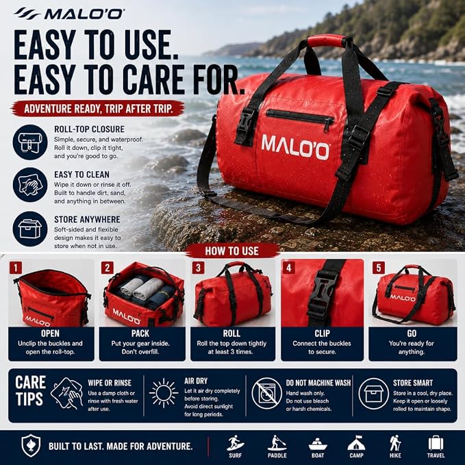 Malo’o Waterproof Dry Duffel, Heavy-Duty Roll Top Waterproof Gear Bag with Shoulder Strap & Molle Loops, Marine Duffel for Kayaking, Boating, Camping, Beach & Travel, Blue, 60L - Image 8