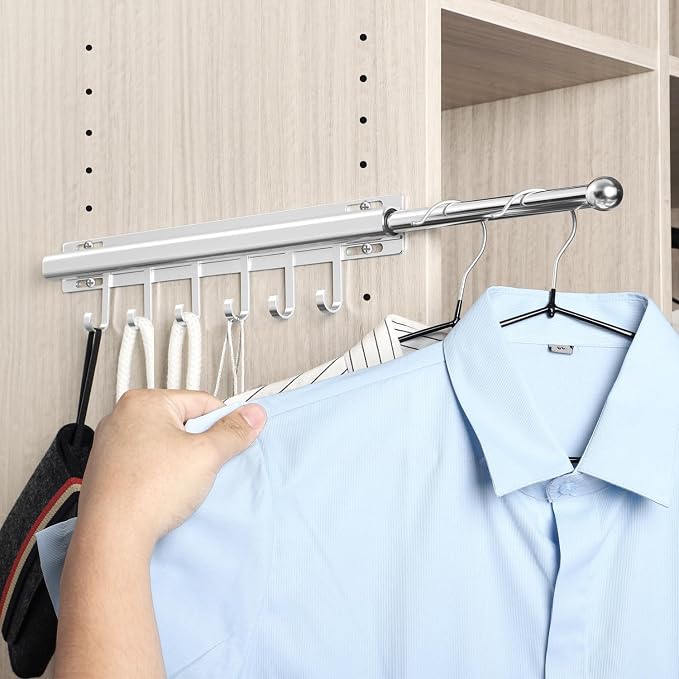 BaiNong Valet Rod for Closets Pull Out 16.5" Silver with 6 Hooks | Closet Valet Rod Slide Out for Closets, Laundry Rooms, RVs Space-Saving by BaiNong