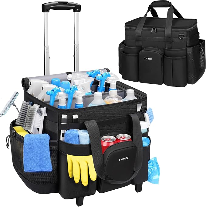 Ytonet XXL Cleaning Caddy with Wheels, Large Rolling Cleaning Caddy Bag with Detachable Trolley for Housekeepers, Water Resistant Cleaner Supplies Organizer with Wheels for Kitchen, Tool Organizer by YTONET