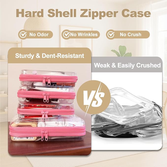 4 pcs Clear Zipper Pouches, Hard Shell Zipper Case, Makeup Organizer | Travel Toiletry bag, Diaper Bag, Travel Organizer, Clear Cosmetic Bag,Toy Storage Bins (M+3S Pink) - Image 2