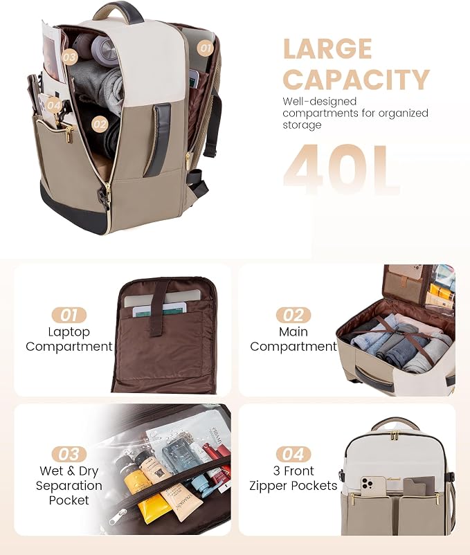 LOVEVOOK Travel Backpack for Women, TSA Carry On Backpack Flight Approved Luggage, 40L Water Resistant Personal Item Daypack Large Weekender Bag fit 17 inch Laptop with 3 Cubes, Beige-khaki-black - Image 2