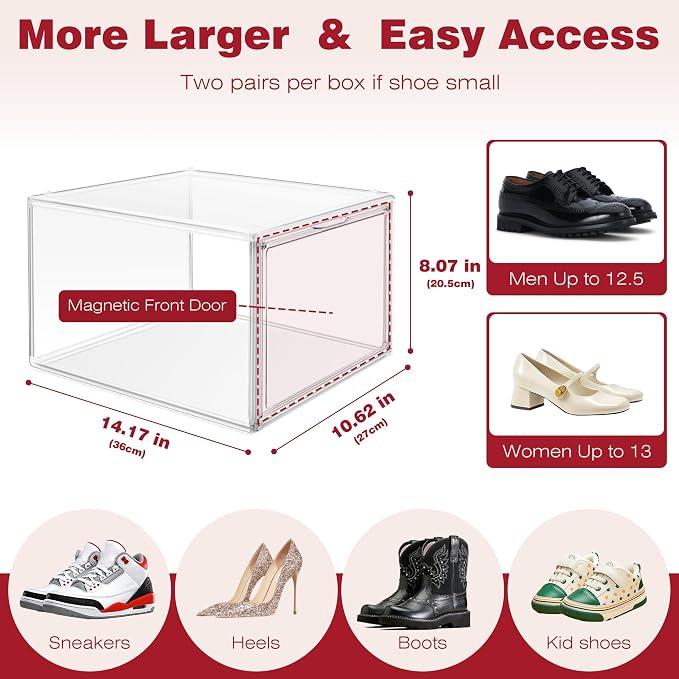 1 Pack Clear Shoe Storage Boxes Stackable, Large Sneaker Organizer with Acrylic Magnetic Door, Plastic Drop Front Shoe Containers for Men up to Size 12.5, Transparent Shoe Organizer for Closet - Image 2